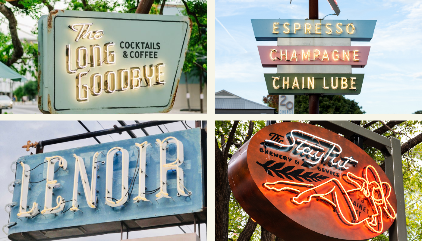 Photos of signs from partner venues from Austin Venue Collective including The Long Goodbye, Lenior, and the Stay Put.